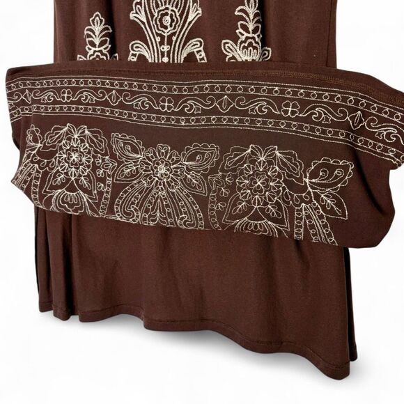 y2K VTG I.N.C. Brown White Contrast Embroidered Boho Midi Dress size L - Picture 7 of 8
